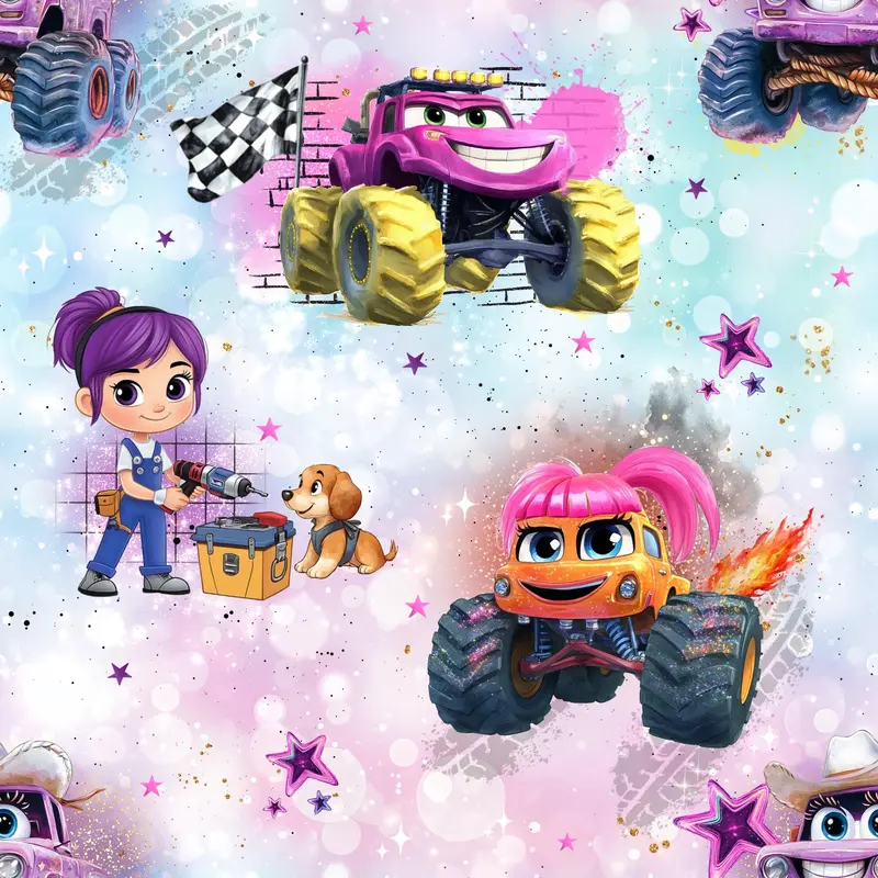 Monster Truck rosa Kinderstoff – Meterware